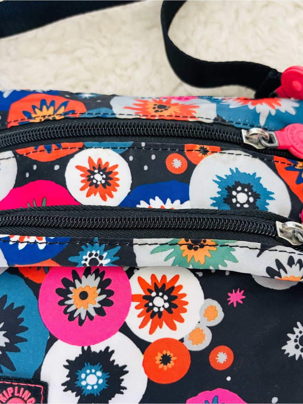 Kipling Floral Dot Crossbody Bag in Black, Orange, Pink & Blue size 7”x7”x2” - Picture 3 of 16